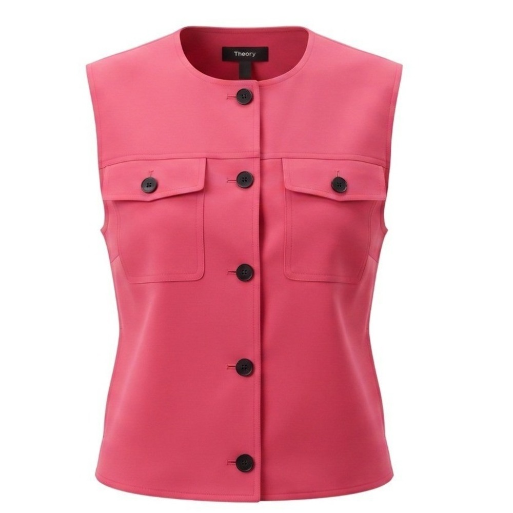 Theory Trucker Vest Cherry Red Caliver 2 Button Front Sleeveless Jacket Q0103116